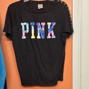 PINK Victoria's Secret Multicolor Logo Tee - Charcoal